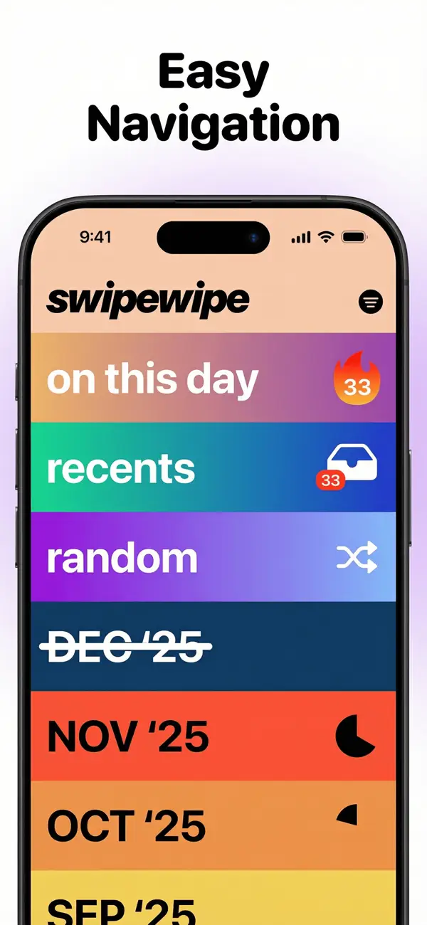 Swipewipe home screen listing On This Day, Recents, Random and each month, with finished months crossed out