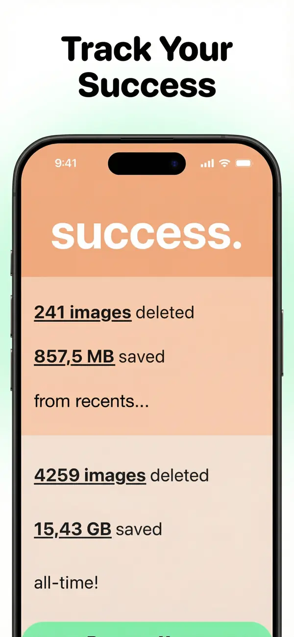 Swipewipe success screen with the number of images deleted and the storage saved